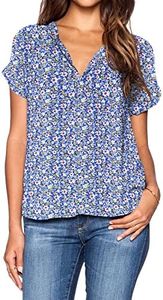 LILBETTER Women's V Neck Chiffon Blouse Short Sleeve Loose Top Shirt(Flower Royal Blue, Medium)