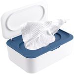 HEBEZON Wipes Dispenser, Dustproof Tissue Storage Box Case Wipes Pouch Case Baby Napkin Storage Box Holder Wet Wipes Dispenser Holder with Lid for Home Office Desk (White with Dark Blue)