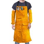 lesolar Leathe Welding Work Apron with Sleeves, Carpenters Aprons for Men with 5 Tool Pockets,Adjustable Size Workshop Apron for Welders and Blacksmiths,Fireproof Heat Protection Apron 90cm(Yellow-B)