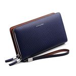 VANNANBA Men Clutch Wallet Large leather clutch bag Business Double Zip Handbag Blue Black, Blue, Casual