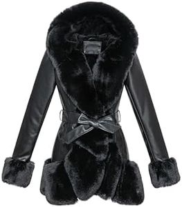 GRAN ORIENTE Women's Faux Leather Coat with Faux Fur Collar,Winter Warm Belted Mid Length Trim Jacket Fur Lined with Hood (002 Black M)