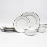 Dankotuwa Luxury 12 Piece Porcelain Dinnerware Set for 4 | White Chip & Scratch-Resistant | Dishwasher Safe Dinner Plates Bowls w Platinum Trim | Gifting (Infinity Platinum, 12 Piece Dinner Set)
