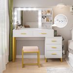 Semiocthome Vanity Mirror with Lighted Mirror and Power Strip 10 LED Lights Makeup Vanity Desk with Storage Shelves and Cushioned Stool, 5 Drawers Large Capacity Dressing Table for Bedroom-White