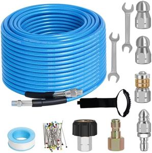 100 FT Sewer Jetter Kit for Pressure Washer, 5800PSI Water Jet Drain Cleaner Hose, 1/4 Inch NPT Corner with 4 Sewer Jetting Nozzles, Pearl Corsage Pin, Waterproof Tape, Handle Strap&2 Spanner (Blue)