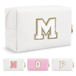 Small Personalized Initial A-Z Preppy Patch Makeup Bag,White PU Chenille Letter Travel Cosmetic Pouch with Zipper,Cute Toiletry Bag,Gift Ideal for Teen Girls Women Teacher Bridesmaid,Letter M