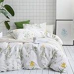 Wake In Cloud - Botanical Duvet Cover Set Full, 100% Cotton Bedding, Yellow Flowers and Green Leaves Floral Garden Pattern Printed on Off White (3pcs, Full/Double Size)