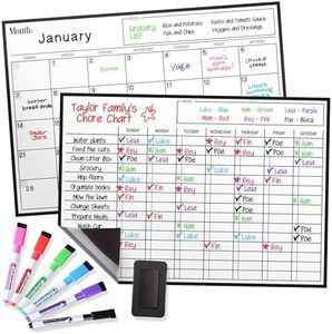 Magnetic Dry Erase Calendar and Chores Chart Bundle for Fridge: 2 Boards Included 17x12" - 6 Fine Tip Markers and Large Eraser with Magnets | Magnetic Chore Chart - Chore Board for Kids and Adults