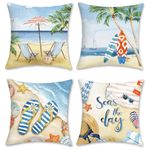 Bonhause Summer Beach Cushion Covers 45 x 45 cm Starfish Surfboard Palm Tree Seaside Scenery Decorative Throw Pillow Covers Soft Velvet Pillowcases for Sofa Patio Home Decor Set of 4