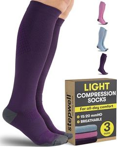 STEPWELL Light Compression Socks for Women & Men - 3 Pairs | Pink, Purple, Light Blue | Soft Breathable 8-15 mmHg Compression Socks for Women Flying, Exercise, Comfort and Support/Blu-3P