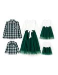 PATPAT Family Matching Outfits Mommy and Me Dresses Matching Set Long Sleeve Tulle Mesh Dress Buffalo Plaid Button Down Shirt Green