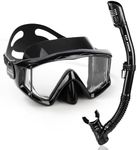 Snorkel Set Pano 3 Adult Snorkeling Gear, Professional Anti-Fog Snorkel Mask Dry Top Snorkel, Tempered Glass Scuba Diving Mask for Freediving, Snorkeling and Swimming (Mystic Black Set)