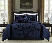 Chezmoi Collection Nobility 7-Piece Floral Comforter Set - Faux Silk Comforter Black Flocked Floral Velvet (California King, Navy)