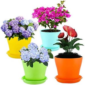 Kraft Seeds by 10CLUB Colourful Plastic Flower Pots with Bottom Trays - 4 Pcs (Multicolor) | Flower Planters for Home Balcony and Garden | Planters with Plates for Home Plants | UV Treated Pots