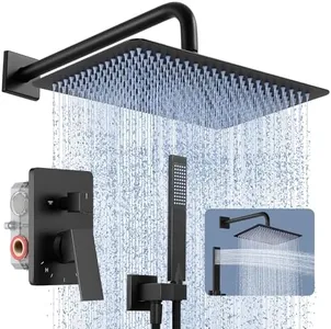 KES Rain Shower System, 12-inch Rectangle Shower Head Set, Wall mounted Shower Valve Kit, Black Shower Faucet Set with High Pressure Rain Shower and Handheld, cUPC Certified, XB6242S12-BK