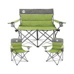 Northroad 3pcs Outdoor Folding Padded Camping Chair Set w/1 Loveseat Chair,2 Single Chairs Portable Collapsible Padded Conversation Set for Family Camping Patio Beach w/Cup Holder & Carry Bag(Green)