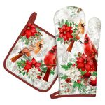 Arquiel Christmas Cardinal Oven Mitts and Pot Holders -100% Cotton, Heat Resistant Extra Long Oven Gloves & Hot Pads for Cooking BBQ Grilling Baking Gift, Set of 2