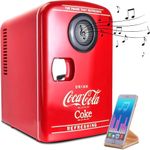 Coca-Cola 12V Portable Built in Speaker with 4L Mini Fridge, Compact Speaker and Personal Cooler/Warmer for Desk Office Dorm, Unique Gift for Music-Lovers and Students