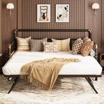 GarveeHome Daybed with Trundle,Twin Daybed with Pop Up Trundle Set,Metal Twin Bed Frame with Steel Slat Support,Sofa BedFrame for Kids/Teens/Adults,Easy Assembly,Brown