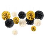 NICROLANDEE Black Gold New Years Party Decorations - 12 PCS Black Gold White Tissue Paper Pom Poms for Wedding, Birthday, Bachelorette Party, Baby/Bridal Shower, Anniversaries, Prom Decorations