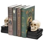 MyGift Vintage Style Skull on Black Stacked Books Decorative Bookends foor Heavy Books, Novelty Resin Skeleton Human Head Statue Halloween Décor - Book Supports, 1 Pair