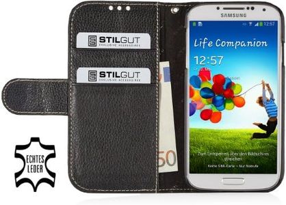 StilGut Talis Book Type Funda en Piel auténtica con Compartimento para Dinero y Tarjetas de crédito para el Original Samsung Galaxy S4, Negro