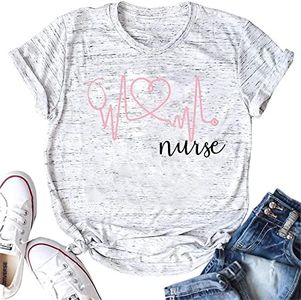 SFHFY Nurse Shirts for Women Heartbeat Shirt Nurse Letter Print Tshirt Nursing Life School Gift Cute Short Sleeve Tops White