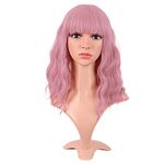 MapofBeauty 14 Inch/35 cm Short Wavy Curly Women Fresh Bright Synthetic Ordinary Flat Bangs Bob Wig (Rouge Pink)