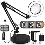 10X Magnifying Glass with Light and Stand, 2 in 1 LED Magnifier Desk Lamp with Clamp and Holder Adjustable Swivel Arm 3 Color Modes Dimmable for Handic