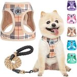 BEAUTYZOO Small Dog Harness and Leash Set,Step in No Chock No Pull Soft Mesh Dog Harnesses Reflective for Extra-Small/Small Medium Puppy Dogs and Cats, Plaid Dog Vest Harness for XS S Pets, Beige XS