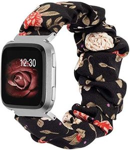 TOYOUTHS Scrunchie Bands Compatible with Fitbit Versa/Versa 2/Versa Lite Special Edition Women and Men Elastic Fabric Strap Pattern Replacement Bracelet Wristband Accessories(Black/Red Floral, Small)