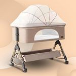 CAREIT Comfortable 6-in-1 Baby Cot, Crib, Bedside Bassinet, Adjustable Height, Mosquito Net, Storage Basket, Wheels, and Mattress | Easy Folding, Unique Design (Beige)