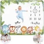 KEMINA BLANKETS - Baby Milestone Blanket for Boy, Monthly Milestone Safari Baby Blanket for Boys, Milestone Blanket Animals Theme, Baby Milestone Blanket for Baby Boy Includes Wreath, 50”x40”