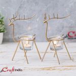 eCraftIndia Golden Metal Handcrafted Deer Shape Tea Light Candle Holder for Home, Office, Festival Decoration - Gift for Diwali, Christmas, Birthday (Set of 2)