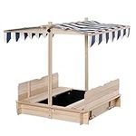 Outsunny Kids Wooden Sandbox with Lid Outdoor Backyard Playset Children Sand Play Station w/Adjustable Cover & Convertible Bench for 3-7 Years Old, Natural