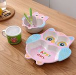 Nizomi Bamboo Dinner Set For Kids Eco Friendly Dishwasher Safe Plate Bowl Cup Spoons & Forks Set Unbreakable Baby Feeding Happy Owl Animal Shape Reusable Enjoy Pasta Noodle Bowl Ice Cream-Animal Print