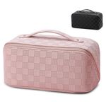 Large Capacity Travel Cosmetic Bag, PU Leather Makeup Organizer Bag, Waterproof Travel Cosmetic Bag for Women Multifunctional Storage Makeup Bag with Handle and Divide (Pink-D)