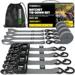 Rhino USA Ratchet Straps Heavy Duty Kit (4-Pack) - 1.6 Inch x 8 Feet (5,208lb Break Strength) - Ultimate Tie Down Straps with Safety S Hooks for Trucks, ATV, UTV, Motorcycle, Cargo & More - Gray