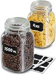 Praknu Glass Jars with Clip Lids - Large 1500ml - 4 Pack - Airtight Storage Jars - With Labels, Pen & Extra Silicone Seals - Square Shape - Dishwasher safe