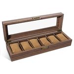 Uten Watch Box with 6 Slots, Watch Case with Real Glass Lid, Wood Grain PU Leather Watch Display Storage Box with Removable Imitation Suede Watch Pillows, Gift for Men and Women