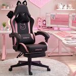 Dowinx Gaming Chair Cute with Cat Ears and Massage Lumbar Support, Ergonomic Computer Chair for Girl with Footrest and Headrest, Comfortable Reclining Game Chair 290lbs for Adult, Teen, Black