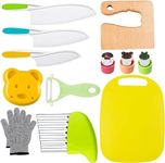 Leking 13 Pcs Wooden Kids Kitchen Knife, Kids Knife Set with Gloves Cutting Board Bear Sandwich Cutter Fruit Vegetable Cutters Serrated Edges Plastic Knifes for Real Cooking Kid Safe Knives