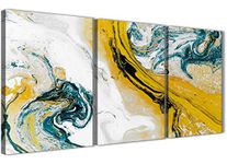 Wallfillers 3 Part Mustard Yellow and Teal Swirl Kitchen Canvas Pictures Decor - Abstract 3470-126cm Set of Prints