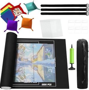 1500 Pieces Jigsaw Puzzle Mat Roll Up with 18 Glue Sheets Puzzle Saver & 6 Hooks - Puzzle Accessories Includes 8 Sorting Trays, Hand Pump, Inflatable Tube, Storage Bag Gifts for Puzzle Lovers (Black)