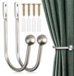 2PCS Curtain Tie Backs Hooks, Metal Curtain Holdbacks, Window Curtain Holder, Wall Mounted Curtain Tie Backs With Screws, Drapery Holdbacks for Fixed Curtain or Hanging Items (Silver)