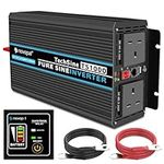 NOVOPAL Power Inverter Pure Sine Wave-1000 Watt 12V DC to 230V/240V AC Converter-2AC Outlets Car Inverter with One USB Port-5 Meter Remote Control And Two Cooling Fans-Peak Power 2000 Watt