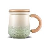 ZENS Tea Mug with Infuser and Lid, 330 ml Embossed Ceramic Tea Cup with Strainers for Loose Tea Steeper, Wood Handle Hot Tea Diffusers Loose Leaf Tea Mug for Women Tea Lovers Gifts, Light Green