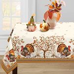 Fall Thanksgiving Double Border Decoration Tablecloth,Turkey & Pumpkin Harvest Tablecloths, Waterproof Spillproof Table Cover for Dinner Kitchen Party Holiday Decorations, 60”x 84” Oblong/Rectangle