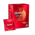 Durex Thin Feel XL Condoms, Wide Fit, 30s, Secure, Tighter, Natural Latex, with Silicone Lube, Easy On Shape