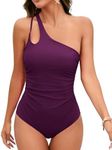 Cromi One Piece Bathing Suit for Women Tummy Control Swimsuit One Shoulder Swimwear Purple M