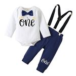 Haokaini Baby Boys 1st Birthday Cake Smash Outfits Gentleman Long Sleeve Letter Bow Tie Romper Suspender Pants 3Pcs Clothes Set